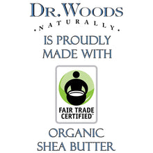 Fair Trade Certified organic shea butter seal on Dr. Woods Raw Black Soap label