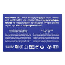 Dr. Bronner's peppermint magic bar soap 6-pack box back with claims and icons