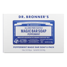 Dr. Bronner's peppermint magic bar soap 6-pack box front, blue label