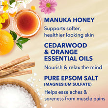 Manuka honey, cedarwood & orange oils, and pure Epsom salt benefits panel