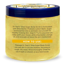 Dr Teal's shea sugar scrub back label on jar with how to use