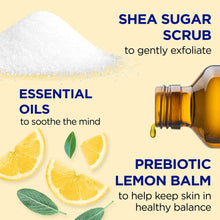 Infographic panel for Dr Teal's shea sugar scrub with essential oils and lemon balm