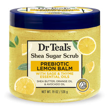 Dr Teal's shea sugar body scrub jar with blue lid, lemon balm label