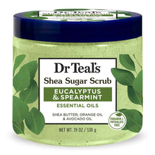 Dr Teal's body scrub jar, green with blue lid, eucalyptus & spearmint label