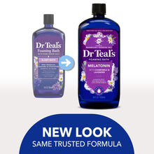 Dr Teal's foaming bath bottle set, blue and purple labels with black caps