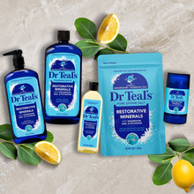 Dr Teal’s restorative minerals body care set with blue bottles and pouch
