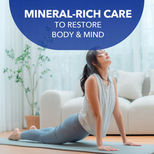 Woman in yoga pose with 'Mineral-rich care to restore body & mind' text
