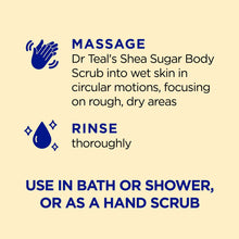 How to use graphic for Dr Teal's shea sugar body scrub, massage and rinse