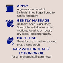 Dr Teal's shea sugar scrub usage graphic with hands, massage, apply icons