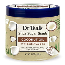 Dr Teal's shea sugar body scrub tub, blue lid, coconut oil label
