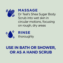 Shea sugar scrub massage and rinse instructions graphic with icons