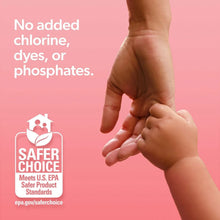 Finger and hand close-up with a baby detergent brand badge on the packaging