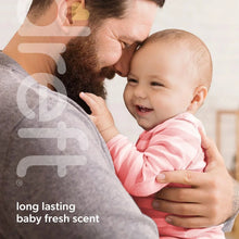 Infant in white onesie with long lasting baby fresh scent ad text overlay
