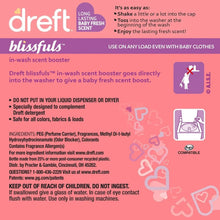 Back panel of a pink-and-white in-wash scent booster beads bottle with directions and icons