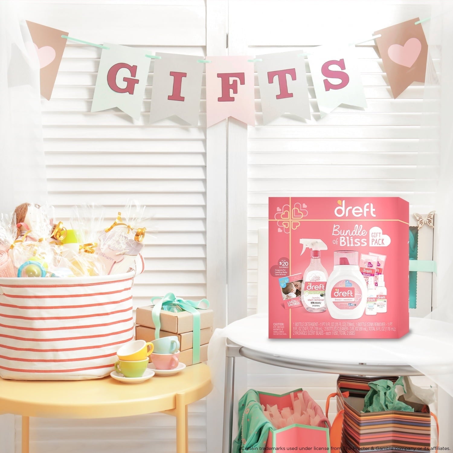 Dreft Bundle of Bliss Baby Gift Set with Laundry Detergent and Stain Remover, Infant Essentials, 16 Loads, 7 Pieces