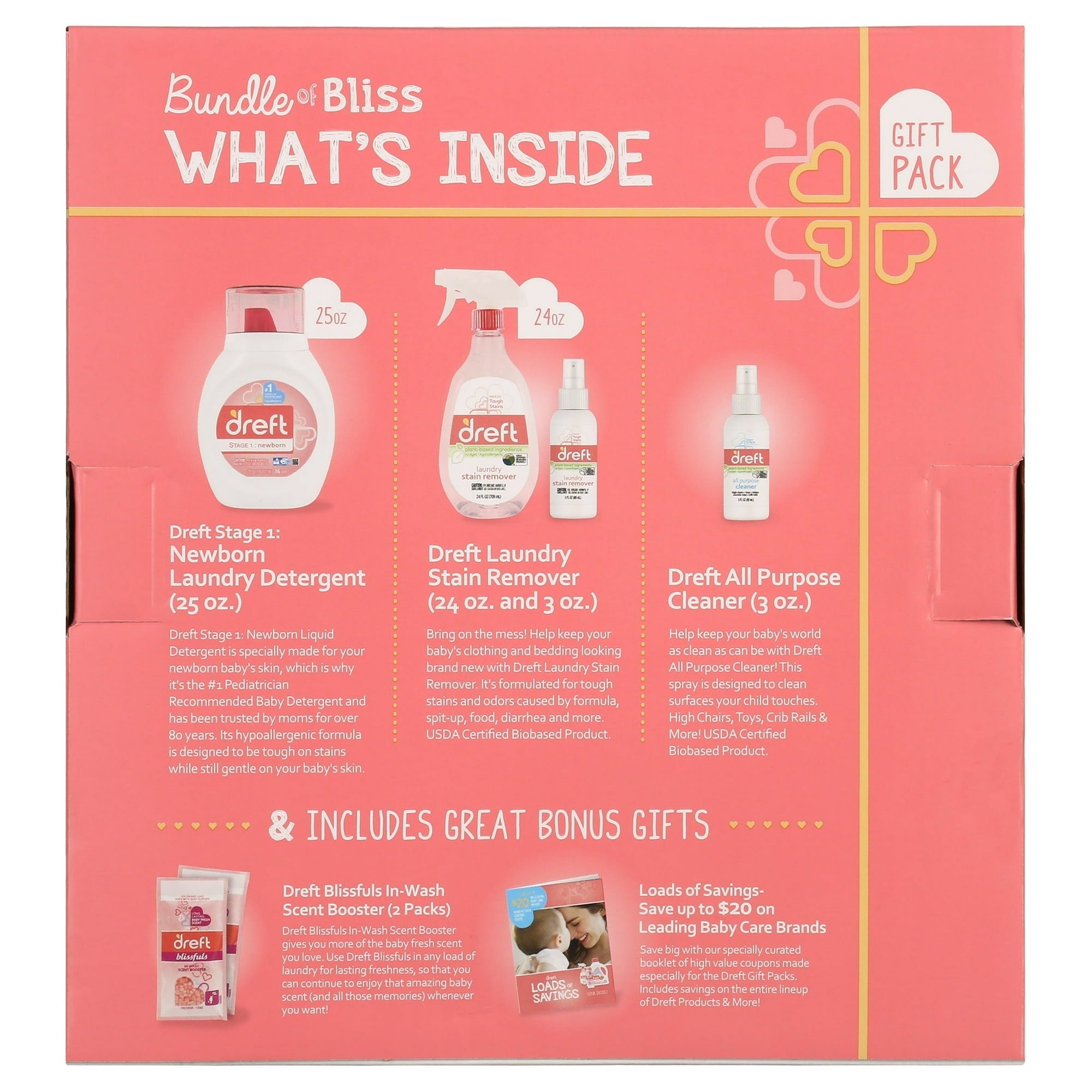 Dreft Bundle of Bliss Baby Gift Set with Laundry Detergent and Stain Remover, Infant Essentials, 16 Loads, 7 Pieces