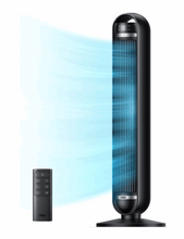 Black bladeless tower fan with digital display and included remote control