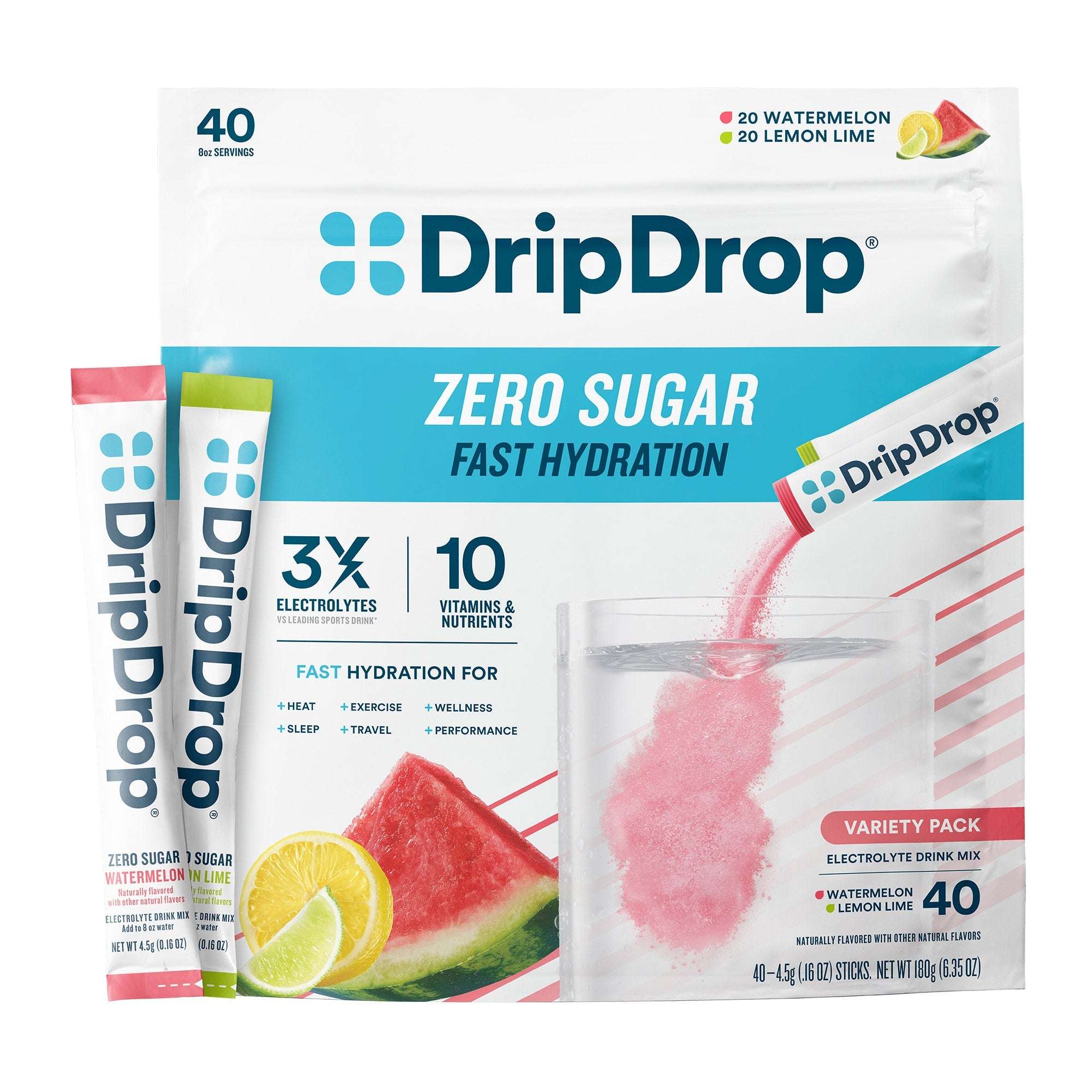 DripDrop Hydration Zero Sugar Electrolytes, 40 Individual Sticks in Resealable Pouch, Variety Pack