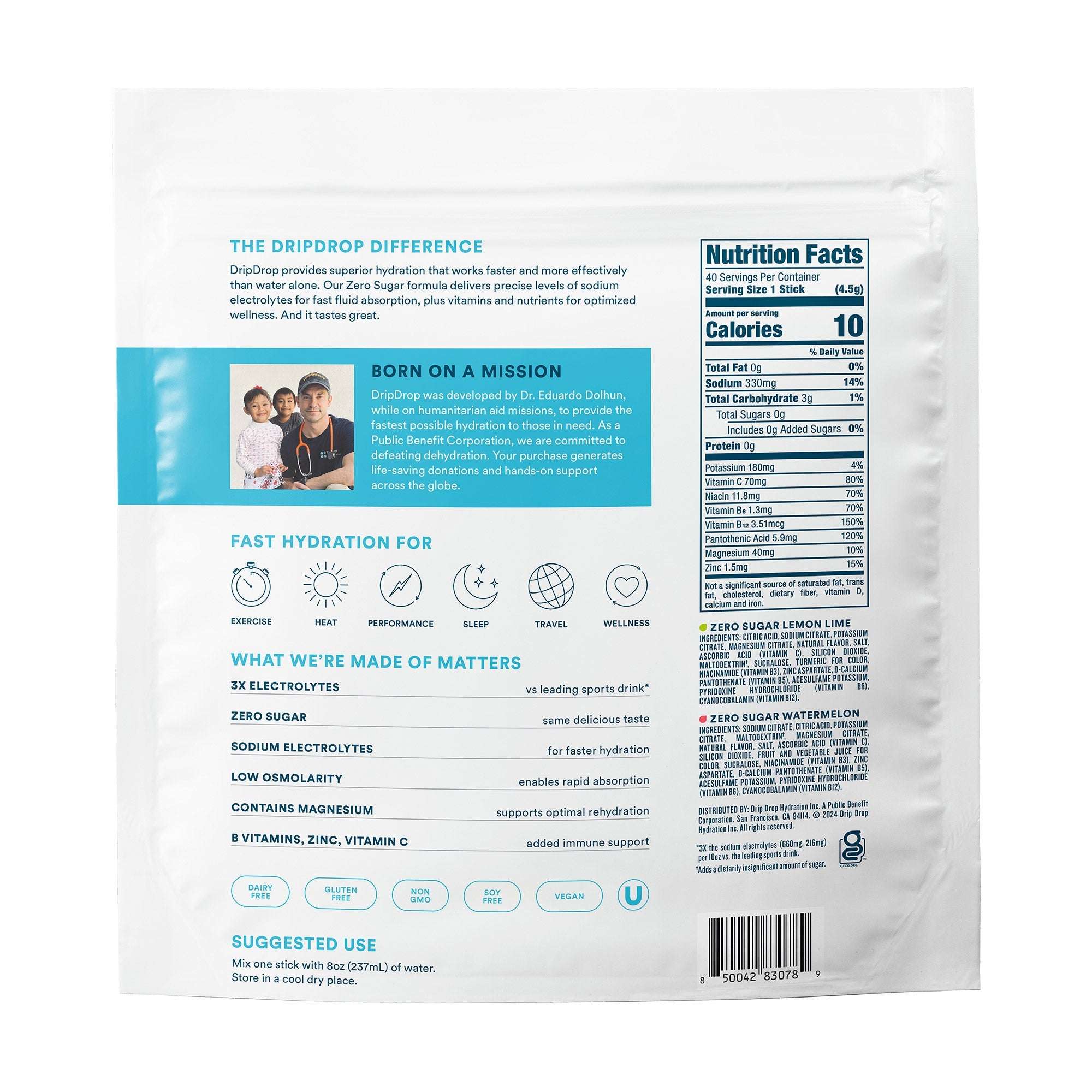 DripDrop Hydration Zero Sugar Electrolytes, 40 Individual Sticks in Resealable Pouch, Variety Pack