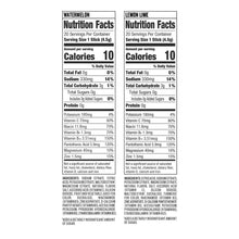 Nutrition facts panels for watermelon and lemon-lime electrolyte drink, 10 calories shown