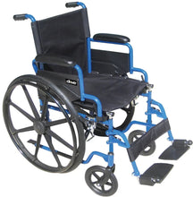 Blue and black wheelchair with flip-back desk-style armrests and elevating leg rests