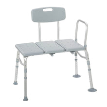 Transfer bench with gray backrest, padded seat panels, and curved safety armrests