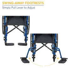 Manual wheelchair with swing-away footrests and black seat on blue frame