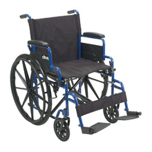 Manual wheelchair with padded armrests, black seat, blue frame, and swing-away footrests