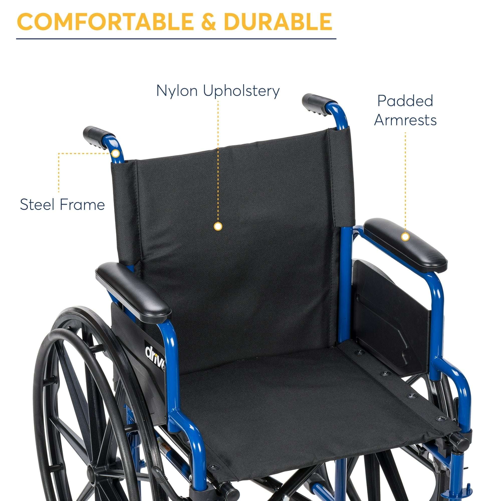 Drive Medical Blue Streak Manual Wheelchair with Flip-Back Desk Arms and Swing-Away Footrests, Steel Frame, 20 inch Seat