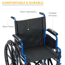 Manual wheelchair with padded armrests, black nylon upholstery, and blue steel frame