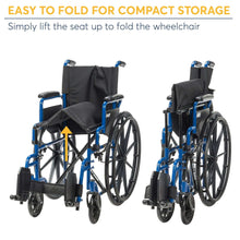 Folding manual wheelchair with black seat, blue frame, and large rear wheels