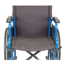 Wheelchair seat and back upholstery, black fabric with blue side frame and armrests