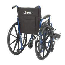 Wheelchair from side view with blue frame, black backrest, and elevating leg rests