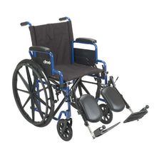 Wheelchair with flip-back desk arms and elevating leg rests, blue frame, black seat