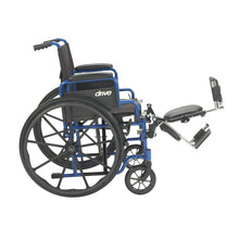 Wheelchair with elevating leg rests and flip-back desk arms, blue frame, black cushions