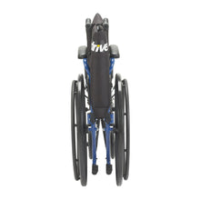 Wheelchair from behind, blue frame with black rear panel and seat support