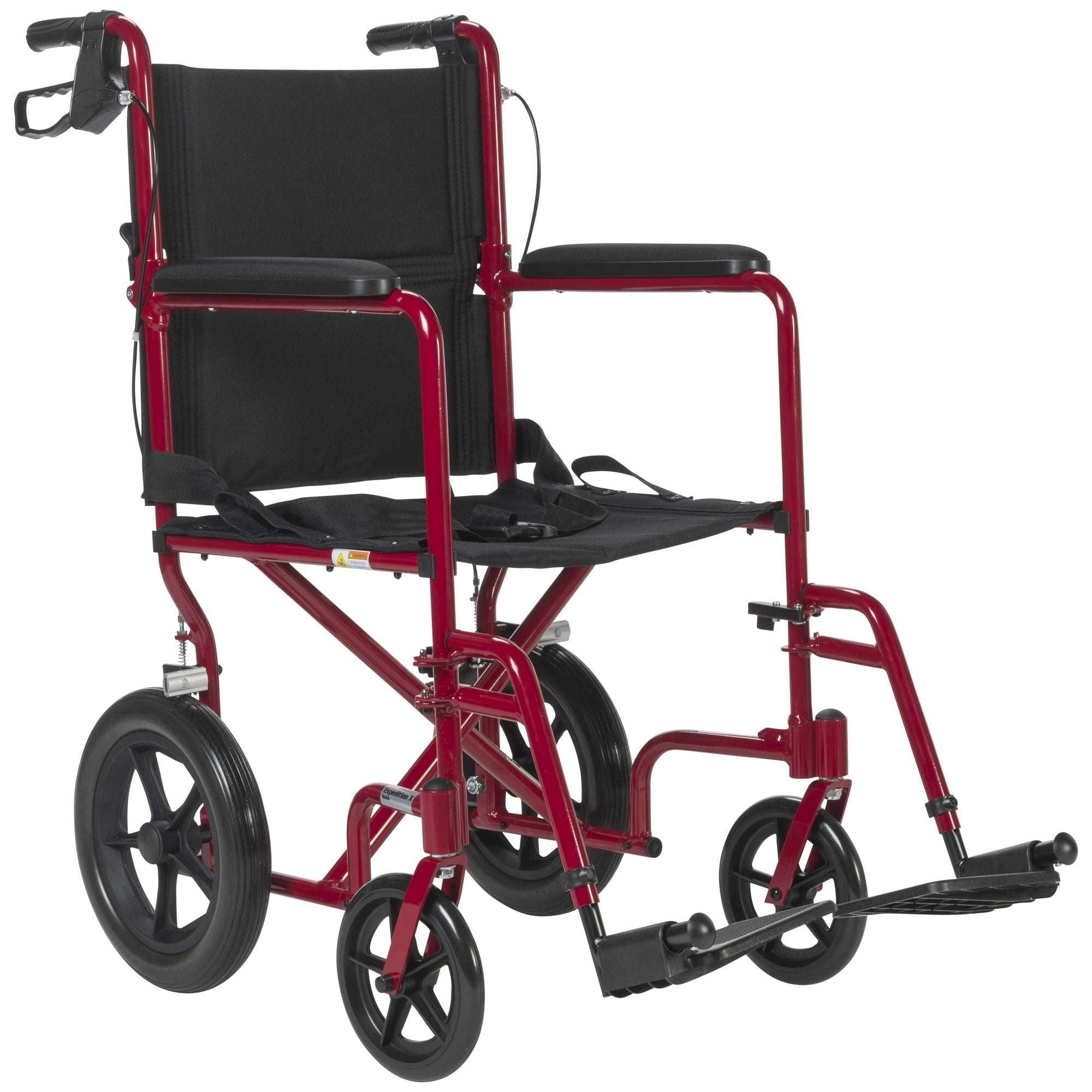 Drive Medical Lightweight Expedition Transport Wheelchair with Hand Brakes, 19" Seat Red
