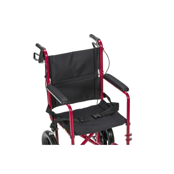 Drive Medical Lightweight Expedition Transport Wheelchair with Hand Brakes, 19" Seat Red