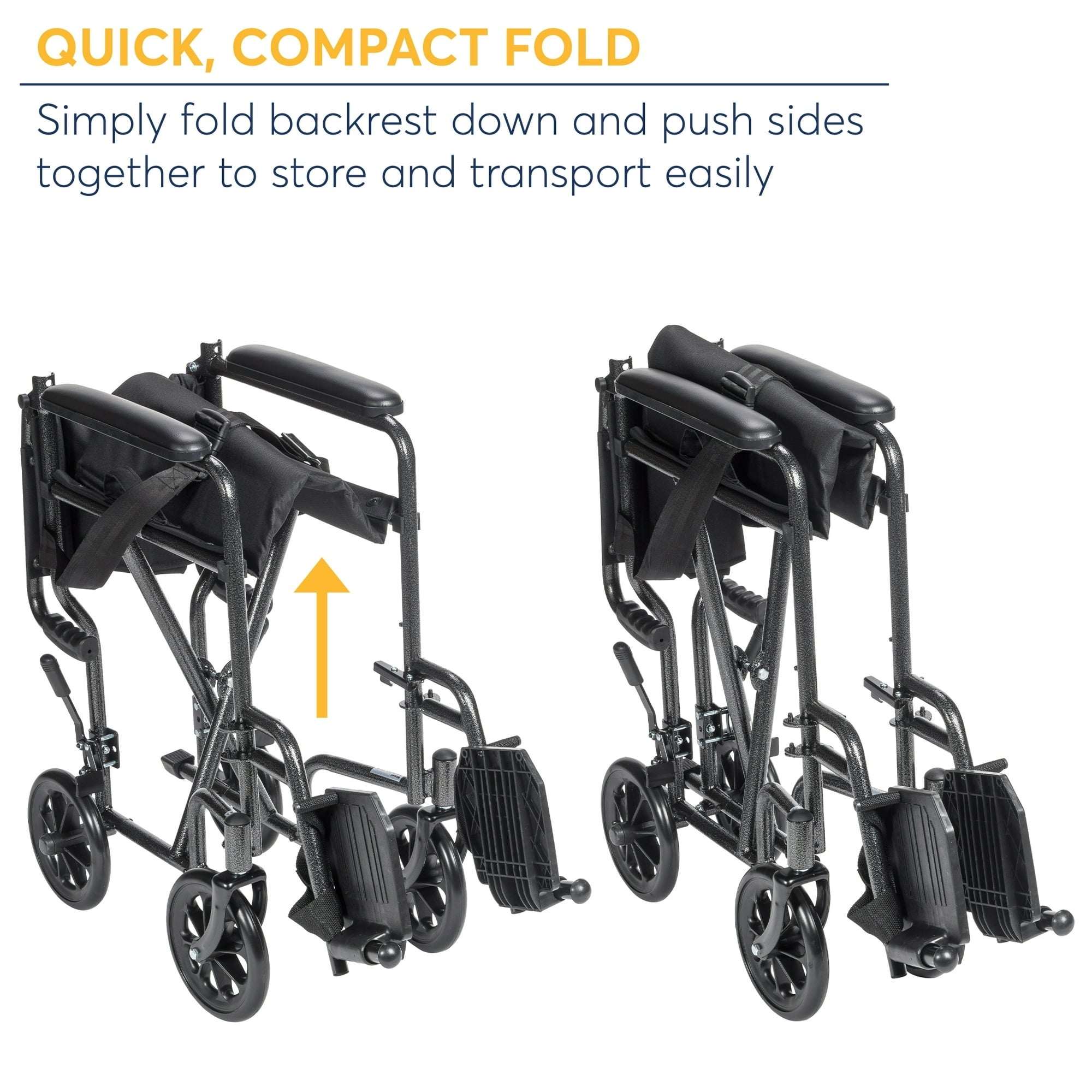Drive Medical Lightweight Steel Transport Wheelchair, Fixed Full Arms, 19" Seat
