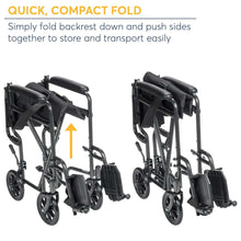 Lightweight wheelchair with folding frame, black seat, and swing-away footrests