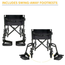 Wheelchair with swing-away footrests, black seat, and steel frame