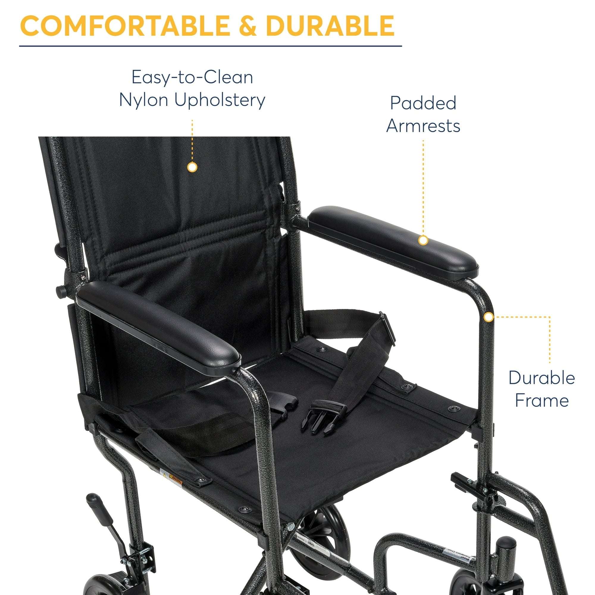Drive Medical Lightweight Steel Transport Wheelchair, Fixed Full Arms, 19" Seat