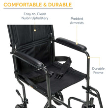 Wheelchair with padded armrests, black seat upholstery, durable steel frame