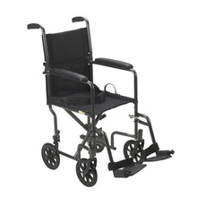 Lightweight wheelchair with black seat, fixed full arms, large rear wheels, steel frame