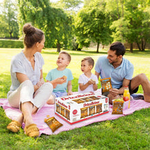 Mini rice cake variety pack on picnic blanket outdoors with family