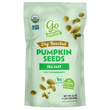 Dry roasted organic pumpkin seeds pouch with sea salt, front label and seed kernels