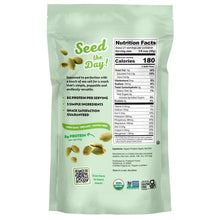 Dry roasted organic pumpkin seeds pouch back with Nutrition Facts panel and ingredients text