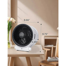 Desktop heater and fan on tabletop with black grille and white stand.