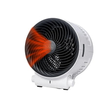 Desktop heater and fan with black grille and white base, front view.