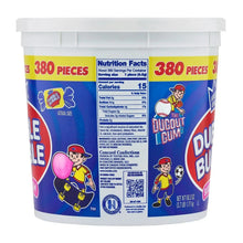 Bubble gum tub back label with Nutrition Facts panel and 380 pieces text
